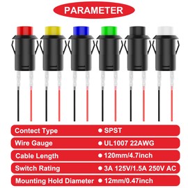 MKBKLLJY 12 x 12 mm Momentary Red/Yellow/Blue/Green/Black/White Mini Push Button Switch AC 250 V/1.5 A 125 V/3 A SPST 2-Pin Snap-in Design with Terminal Wires and Wiring Cap for Car Boat