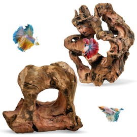 PINVNBY 2 PCS Betta Fish Hideout Natural Wood Aquarium Cave Driftwood Aquascaping Fish Tank Decorations for Shrimp Crayfish and Other Small Aquatic Pets