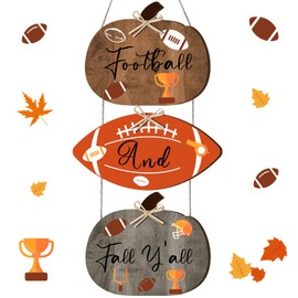 Barydat 3 Pcs Football and Fall Y'all Sign Fall Decorations for Home Rustic Wood Pumpkin Door Hanging Autumn Decorative Plaques with Bow for Garden Porch Front Farmhouse Harvest Thanksgiving