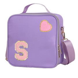 Insulated Nylon Lunch Box for Girls, Kids, and Women-Stylish Purple Preppy Large Lunch Bag with Adjustable Strap (Letter S), Tote for School, Travel, and Picnics-Ideal Preppy Stuff Choice