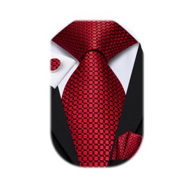 Hi-Tie Mens 70inches Tie Set Black Red Checks Extra Long Necktie for Men Cufflinks Handkerchief Big Tall Men Business Wedding
