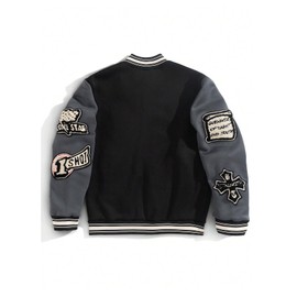 SOLY HUX Men's Letter Graphic Color Block Varsity Jacket Long Sleeve Y2k Streetwear Baseball Jacket Black Letter Small