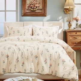 Herside Cream Duvet Cover Set Single Size 100% Washed Cotton Bedding Set Vintage Disty Floral Bedding Cover 2 Pcs Luxury Soft and Breathable Duvet Cover with Zipper Closure