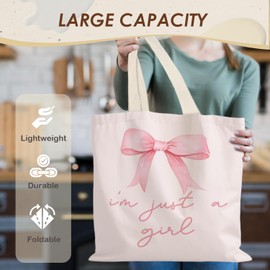 LUVADIAN Pink Bow Coquette Tote Bag, Pink Preppy Tote Bag, I'm Just a Girl Girly Canvas Tote Bag Aesthetic, Preppy Trendy Gifts for Women, Coquette Stuff, Reusable Grocery Bags Shopping Bags
