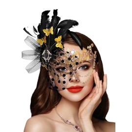 IYOU Women Masquerade Mask Feather Mask Gold Mardi Gras Masks Venetian Prom Costume Ball Metal Eye Mask for Women and Girls