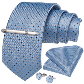 DiBanGu Men's Silk Tie Blue Woven Necktie Pocket Square Handkerchief Cufflink Set Business Wedding