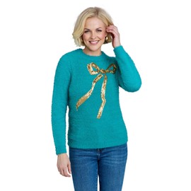 Amber Ladies Bow Sequin Jumper Supersoft Feather Yarn Sparkling Bow Sequin Design Long Sleeve Sweater Ocean 10