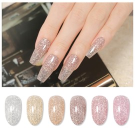 emigoro Gel Nails, Glitter, Flash Nail Gel, Glitter, Color Gel, Self Nail, Glitter Gel, Set of 6 Colors, UV/LED Compatible