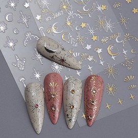 12 Sheets Star Nail Art Stickers Silver Gold Nail Stickers Moon Nail Decals Sun Self Adhesive Nail Art Supplies for Women Girls DIY Nail Art Decorations