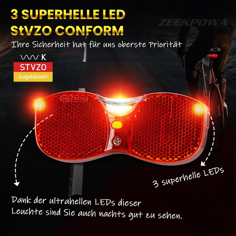 Zeekpowa Rear Light Bicycle with StVZO Approval Red Reflector for