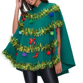 IMISSILLEB Womens Christmas Tree Costume Plus Size Xmas Tree Poncho Adult Green Hooded Cape with Gold Tinsel Red Bow Colorful Hairballs (Standard, XL, Green)