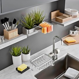 Kitchen Sink Faucet Organizer,Sponge Holder Over Faucet Kitchen Sink Caddy Organizer, SMultifunction Organizer Rack for 0.7-1.1inch Round Water Pipe,(Silver,Left)