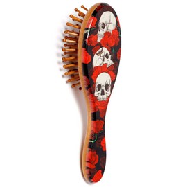 Wooden Hair Brush "Head of Roses" - Bamboo Brush with Skulls and Roses - Motif 2 - Length 17 cm - Skull Hairdresser Bathroom Decoration Hair Accessory
