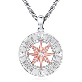 Eusense Compass Necklace 925 Sterling Silver Compass Pendant Chain Gifts for Father's Day Graduation Gift Jewellery for Men Women, Sterling Silver, No Gemstone