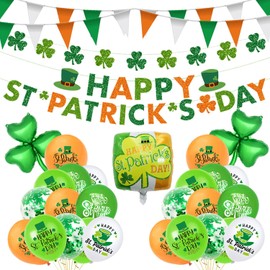 FullJoyHut St Patrick's Day Party Decorations Set Includes Happy St. Patrick's Day Banner Irish Bunting Pennant Shamrock Garland Confetti Latex Balloons Aluminum Foil Balloons for Party Decoration