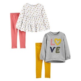 Simple Joys by Carter's Toddler Girls' 4-Piece Long-Sleeve Shirts and Pants Playwear Set, Grey Love/Pink/White Floral/Yellow Dots, 3T