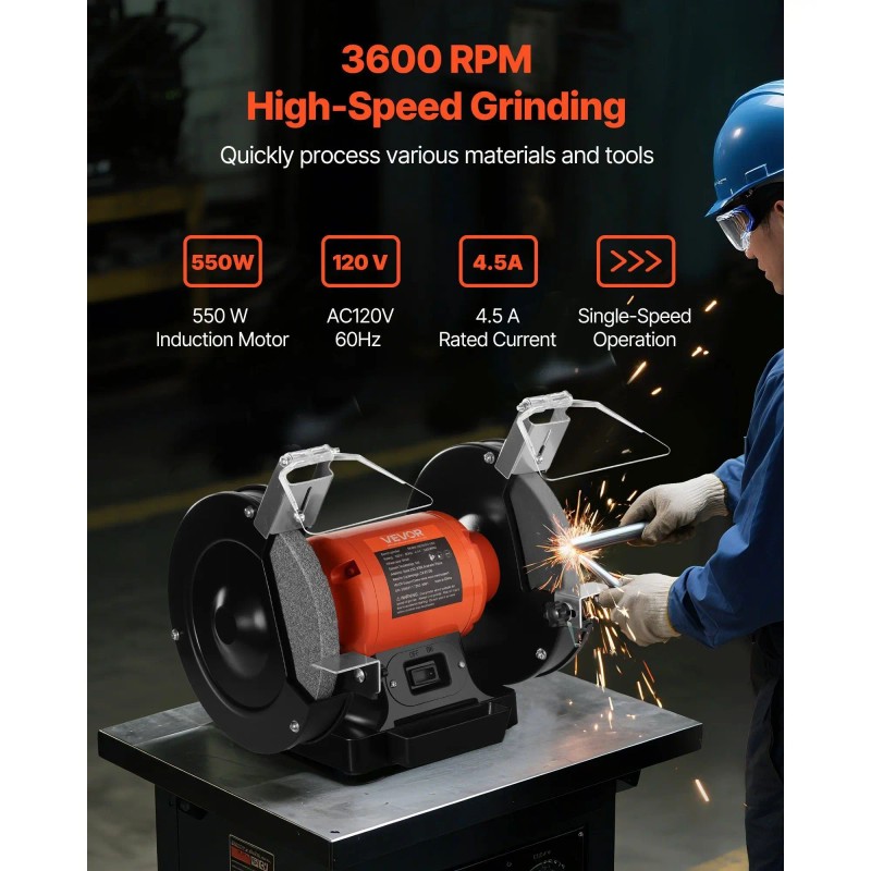 Bench Grinder 8-Inch 550W 36/60-Grit Adjustable Wheel Professional General Purpose