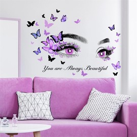 Purple Eyelash Eyes Butterfly Wall Stickers, sacinora Inspirational Quotes Motivational Word DIY Wall Decals Removable Vinyl Peel and Stick for Women Girl Kids Living Room Bedroom Nursery Art Decor