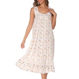 AVIIER Cotton Nightgowns for Women Sleeveless House Dress Ladies Long Nightdress with Pockets (White flowers, Medium)…
