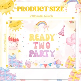 Ready Two Party Banner - Girls' 2nd Birthday Backdrop, Spring Retro 2 Years Old Birthday Photography Background Supplies for Girls,7 * 5 Ft
