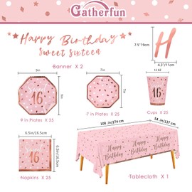 Rose Gold & Pink Sweet 16 Birthday Bundle: Party Supplies Set with paper Plates, Napkins, Cups, Tablecloth & Banner - Sweet Sixteen Decorations, Party Favors ，Serves 25