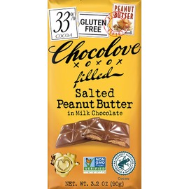 Chocolove Filled Salted Peanut Butter in Milk Chocolate, 33% Cacao | Non GMO, Rainforest Alliance Certified Cacao | 3.2oz Bar | 10 Pack