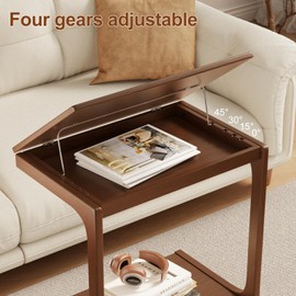 AQIMUELE Wooden C-Shaped End Table,Couch Table with Adjustable Desktop,Small Rolling Side Table with 2 Lockable Wheels 23.36" Width,Small End Table for Couch, Living Room,Bedroom (Walnut)