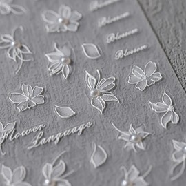 Flower Nail Art Stickers 5D Embossed Spring White Flower Nail Decals with Floral Peal Designs White Learf Floral Nail Stickers Self Adhesive Spring Summer Nails Supplies for Women DIY