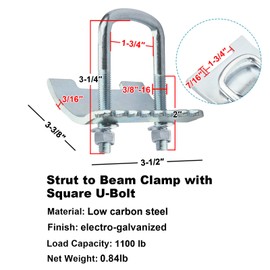 heneng 4 Pcs Strut Beam Clamp for 1-5/8" Strut Channel, 1100 lbs Load Capacity (Each), Square U-Bolt Beam Clamp