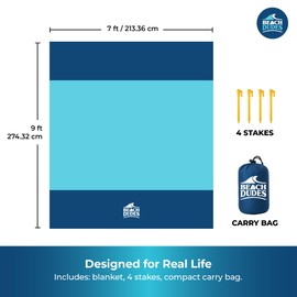 Beach Dudes Sandproof Beach Blanket - Oversized 9'x7' XL Mat for Family | Waterproof, Quick-Dry Ripstop Nylon | Lightweight & Compact for Travel, Picnic, Camping w/ 4 Anchor Stakes & Carry Bag