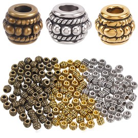 PONABEADIY 1 Box 180PCS Antique Golden Silver Tibetan Beads Alloy Rondelle Barrel Vintage Opaque Loose Spacer Charm Bead Bulk for Jewelry Making Earrings Bracelets Necklaces Decor DIY Craft Supplies