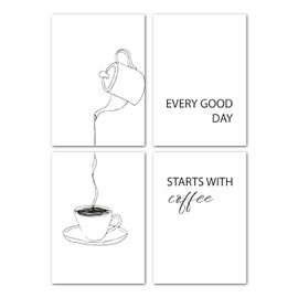 LAVEMA Kaffee Bilder Küche Minimalistische Line Art Café Poster Set A4 (21x30cm) Schwarz Weiß Küchenbilder Barista Wanddeko Esszimmer Bilderwand Büro Küchendeko Wandbilder Wandposter ohne Bilderrahmen