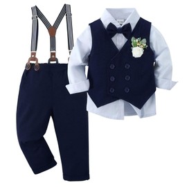 Zupora Baby Suit Boys Formal Suit Toddler Waistcoat Birthday Party Dress Gentleman Infant Wedding Outfit Tuxedo Shirt + Suspender Pants + Waistcoat + Bow Tie + Christening 6 Piece Clothes Set