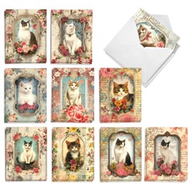 The Best Card Company 20 Assorted Blank Notecards Boxed Set 4 x 5.12 Inch with Envelopes (10 Designs, 2 Each) Vintage Framed Cats AM8598OCB-B2x10