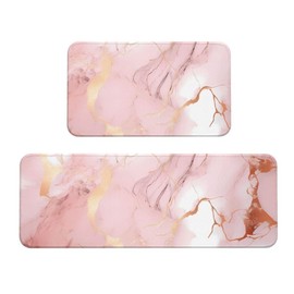 JXDXHCW Kitchen Rugs Mats Set of 2 Pink Rose Gold Marble Print, Washable Kitchen Floor Mat Non Slip Carpet Runner Rug for Sink Hallway Laundry Room
