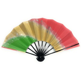 Asakusa Kimonoichi Mai Fan, Green/Gold/Red Background with Silver Sand Paper, Black Lacquered 9.0 to 5 Minutes, Made in Japan, Kyoto Fan, Practice Stage
