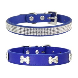 Suiecuor 2-Piece Leather Dog Collar Rhinestone Puppy Collar with Metal Bone Decoration Suitable for Small Medium Dogs and Cats Blue XS