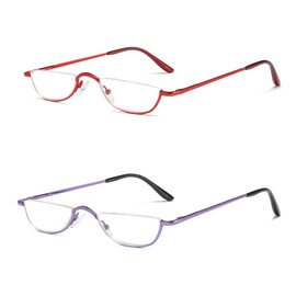 KoKoBin Half Reading Glasses - 2 Pairs Half Rim Metal Frame Glasses Spring Hinge Readers with Leather Pouch for Men and Women (Red+Purple, 1.25)