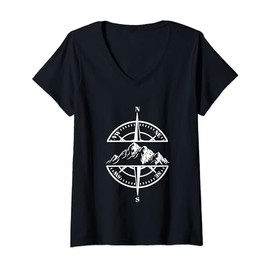 Womens Compass Rose Mountain Scene Hiking Backpacking Nature Lover V-Neck T-Shirt