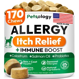 Dog Allergy Relief Chews - 170 Dog Allergy Chews - Itch Relief for Dogs - Omega 3 Fish Oil, Probiotics For Itchy Skin & Hot Spots Allergies, Paw Licking, Dry Skin & Coat Supplement - Beef Liver Flavor