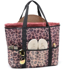 F-color Mesh Beach Bag for Women-Oversized Beach Tote 9 Pockets Beach Towel Bag, Leopard Print