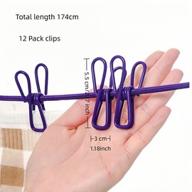 Portable Clothesline with 12 Clips - Extends 12ft, Heavy Duty Stainless Steel Hooks, Windproof for Travel/Camping/Indoor Use, Purple