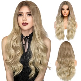 LUFFLOK Long Blonde Wave Wigs for Women Girls 27’’ Curly Wigs Synthetic Wig Women's Charming Full Hair Long Replacement Hair Wig for Ladies Fancy Dress Party Cosplay Daily Use (Blonde)