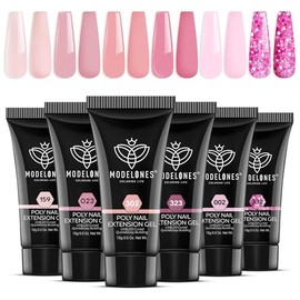 Modelones Polygel Gel Extension Set with 6 Colours, Nude Pink Glitter Poly Gel Nails, DIY Set, Quick Building Acrylic Gel for Nail Art, Nail Design, DIY