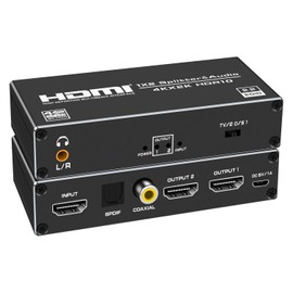 HDMI Splitter, 1 Input, 2 Outputs, HDCP2.2 Discresion, 4K @ 60Hz, HDMI Audio Separator, HDM, I Splitter, Supports Optical Digital, Coaxial, 3.5mm Audio Output, Equipped with 5.1 ch Downscaler, EDID