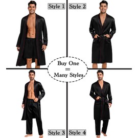 SWOMOG Mens 3 PCS Satin Robe with Pants & Shorts Set Kimono Bathrobe Long Sleeve Sleepwear Pjs Sets with Pockets Black - Red Trimming Medium
