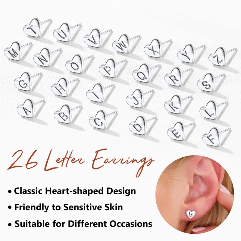 Silvora Charming Letter Earrings Heart Stud Sterling Silver Initials T