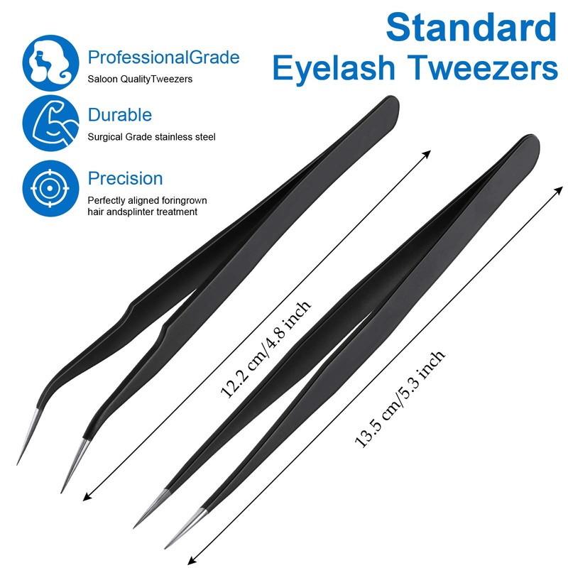 2 Pieces Straight and Curved Tip Tweezers Eyelash Extension Tweezers,