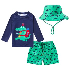 Toddlers and Baby Boys' 3-Piece Swimsuit Trunk and Rashguard Sun Hat Set (2-3 T,Crocodile)