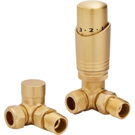 Team Controls Brushed Brass Corner Thermostatic Radiator Valves & Lockshield 15mm Pack Set KT, 15mm x 1/2''